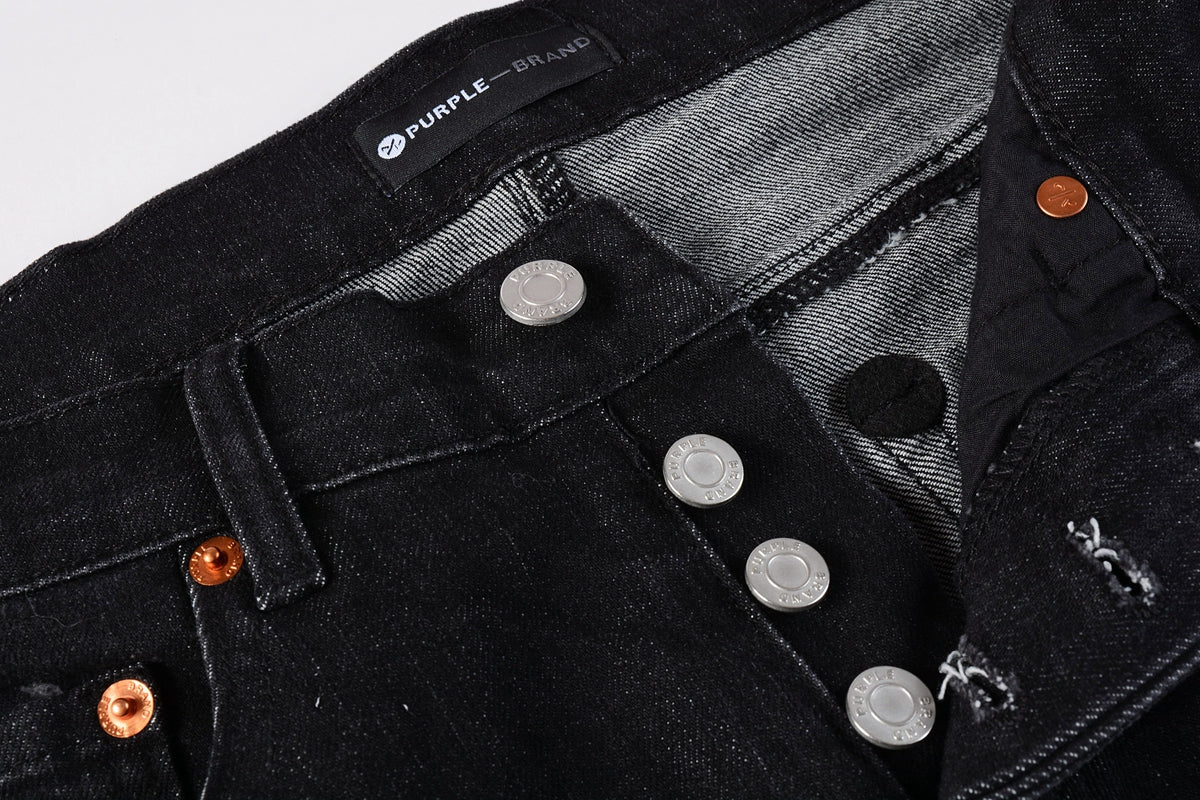 PURPLE Men Streetwear Skinny Jeans Black Wash with Knee Rips and White Paint Specks 9035