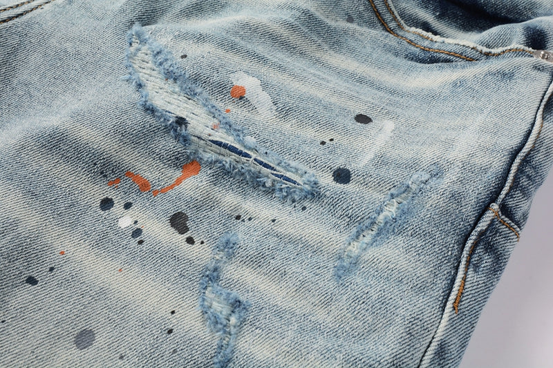 PURPLE Men Streetwear Denim Shorts Light Blue Wash with Colorful Paint Splashes and Distressed Raw Hem 5071