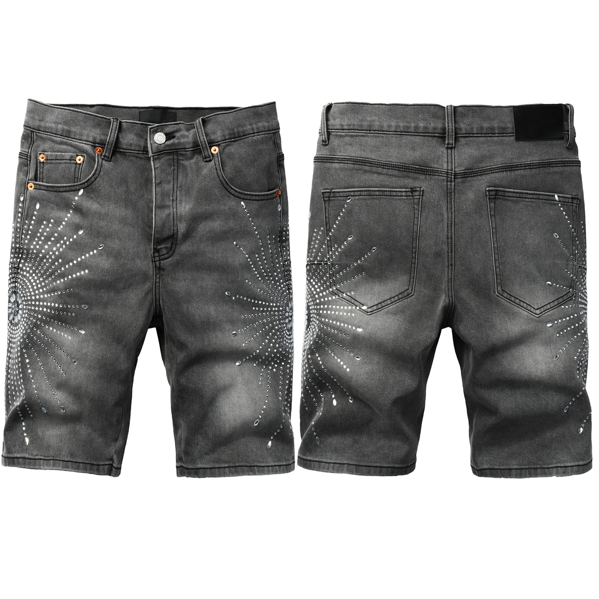 PURPLE Men Streetwear Grey Denim Shorts with Radial Rhinestone Burst Patterns 5094