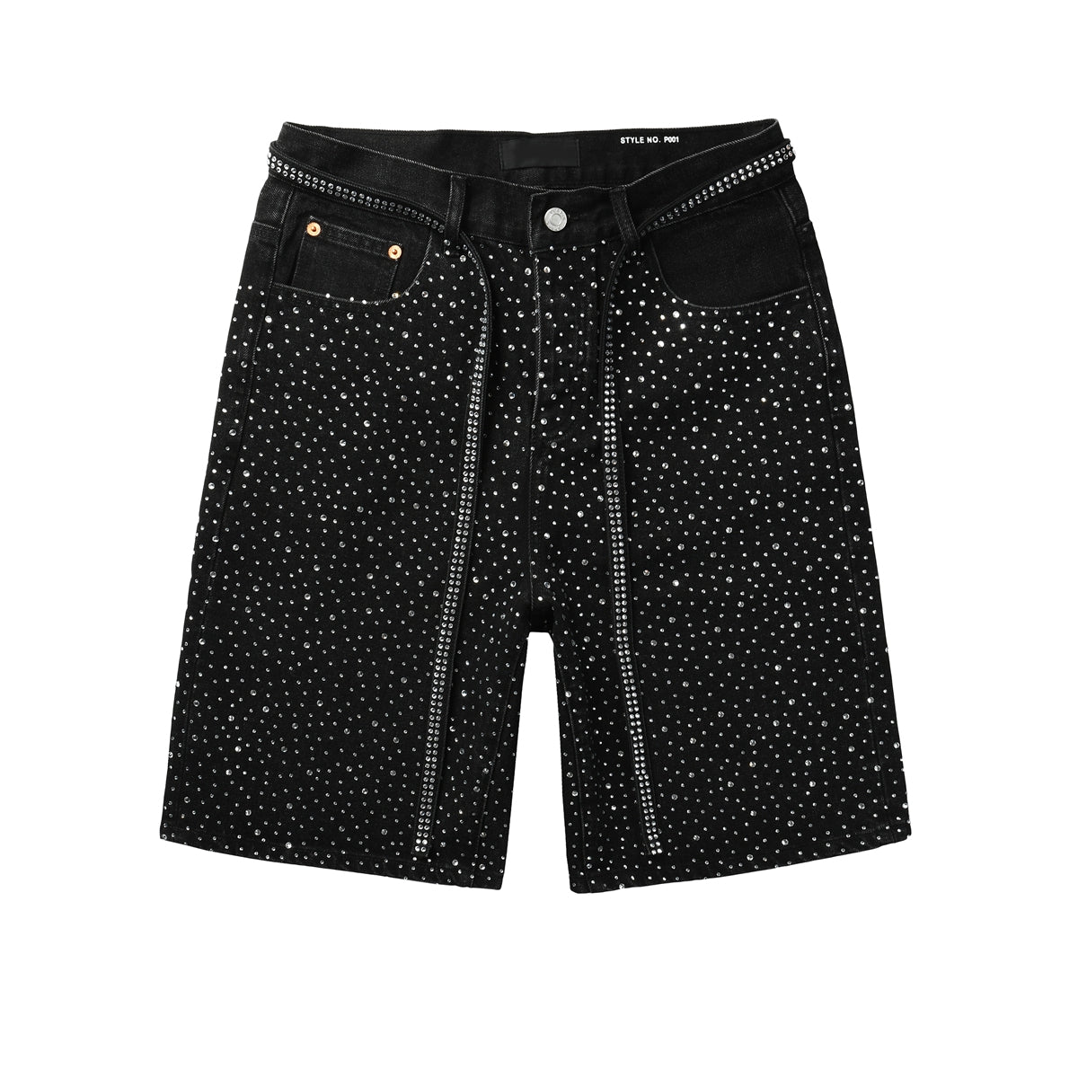 PURPLE Men Streetwear Black Denim Shorts with Allover Rhinestone Studs and Zipper Details 5095