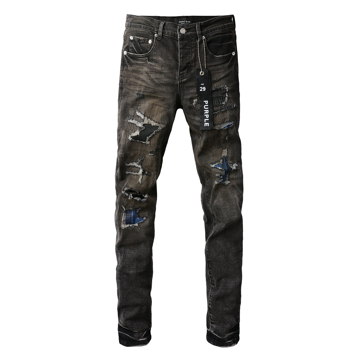 PURPLE Men Streetwear Skinny Jeans Dark Gray Wash with Multi - Color Patched Distressed Details 9080