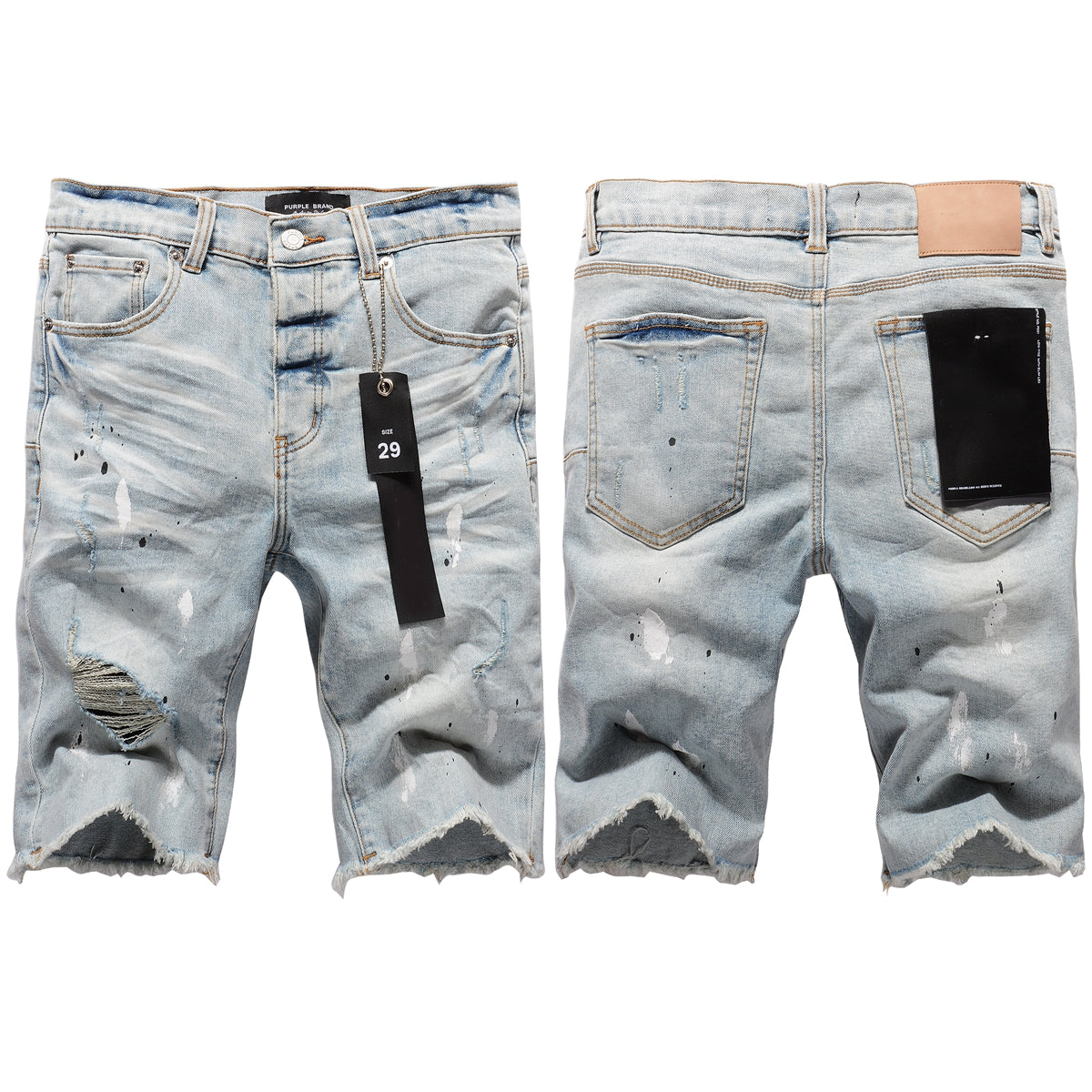 PURPLE Men Streetwear Denim Shorts Light Blue Wash with White Paint Splatters and Distressed Raw Hem 5006