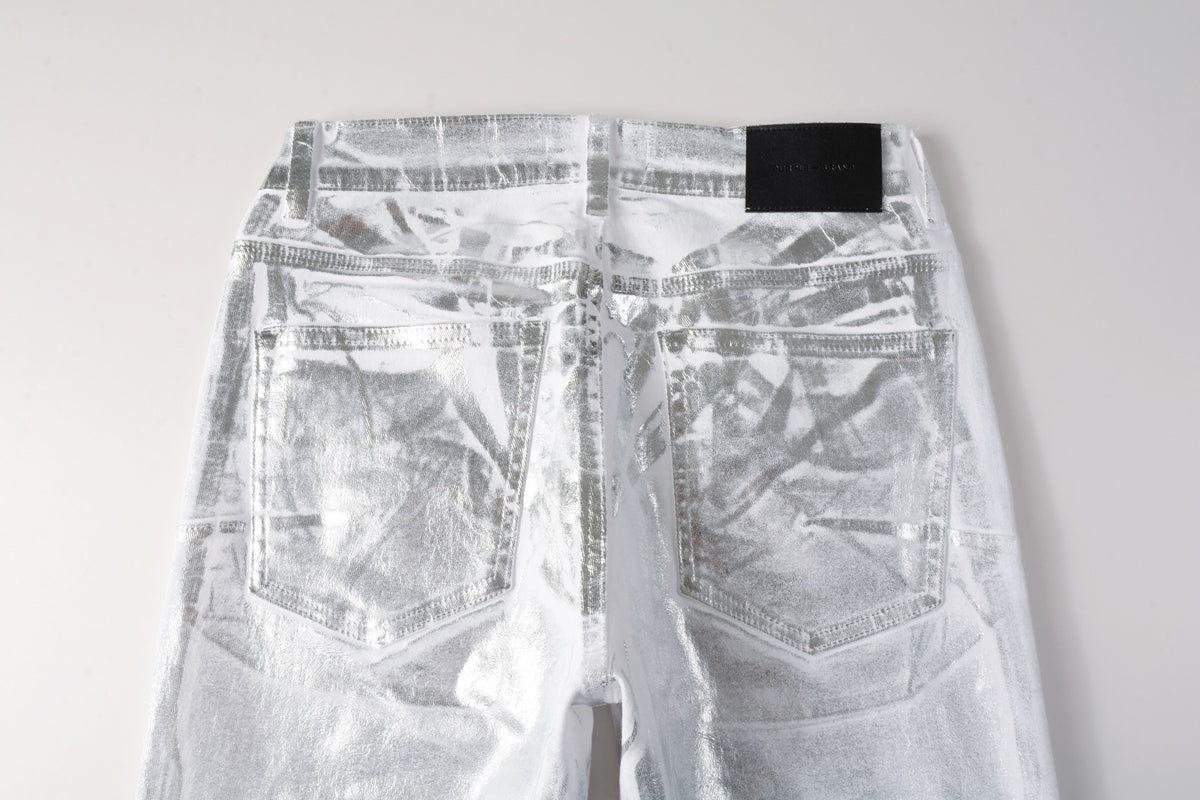PURPLE Men Streetwear Jeans Metallic Silver Coated Finish with Futuristic Shine Skinny Fit Statement 9110