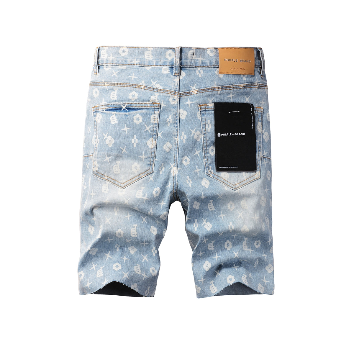 PURPLE Men Streetwear Denim Shorts Light Blue Wash with White Geometric Print and Raw Hem 5089