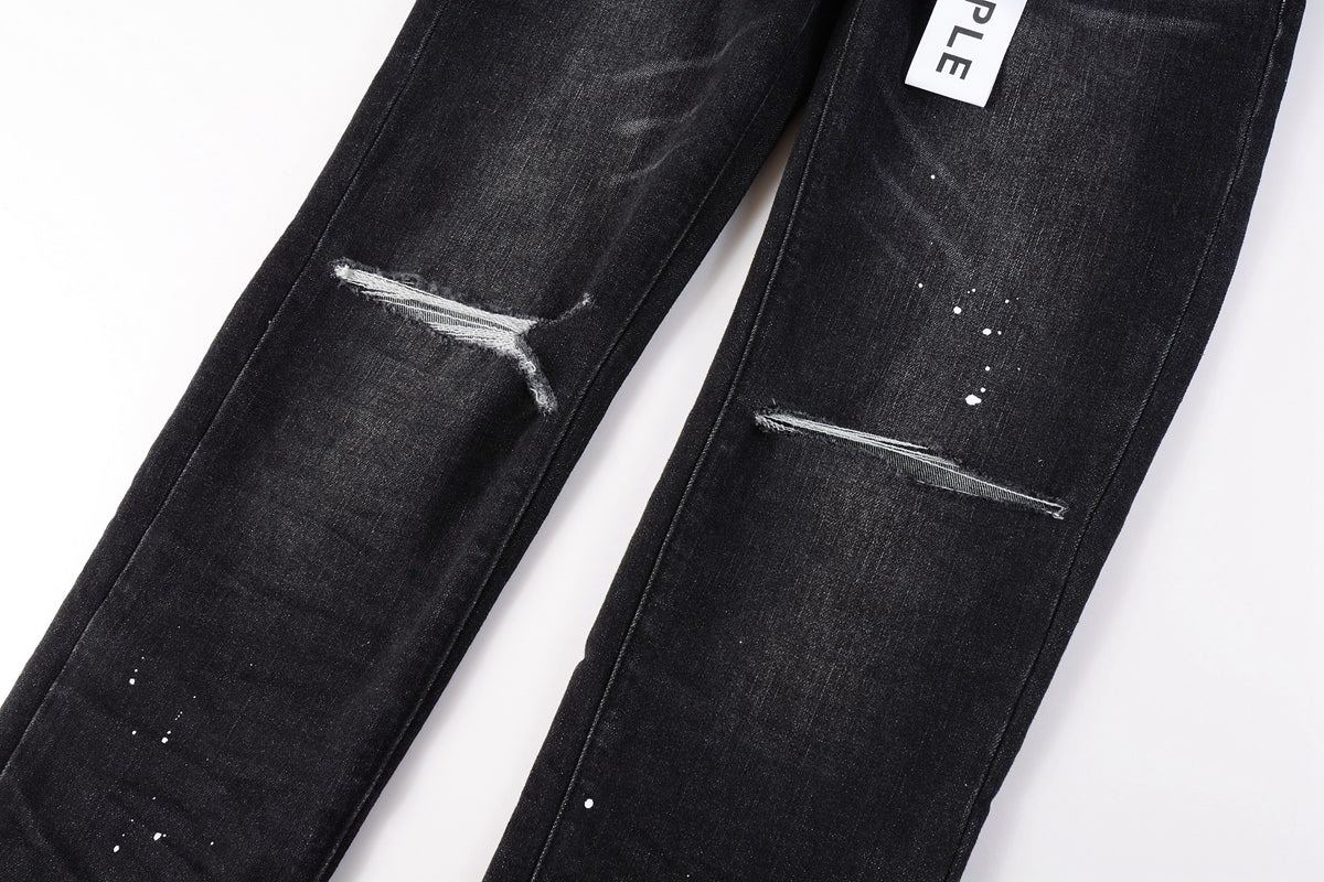 PURPLE Men Streetwear Skinny Jeans Black Wash with Knee Rips and White Paint Specks 9035