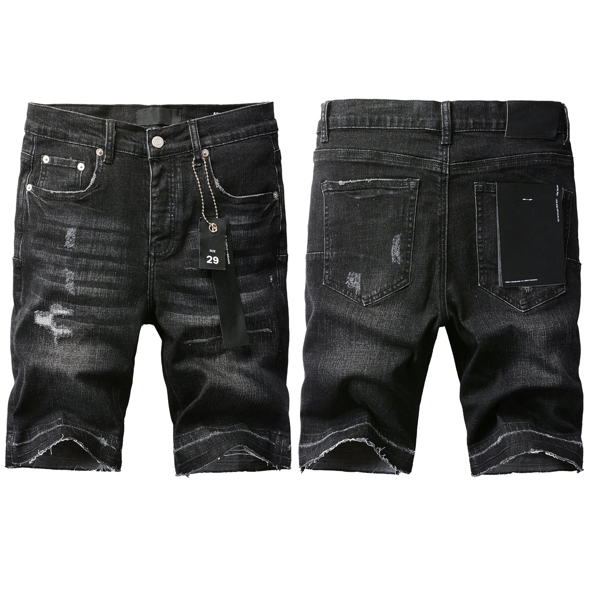 PURPLE Men Streetwear Denim Shorts Black Wash with Distressed Rips and Raw Hem 5083