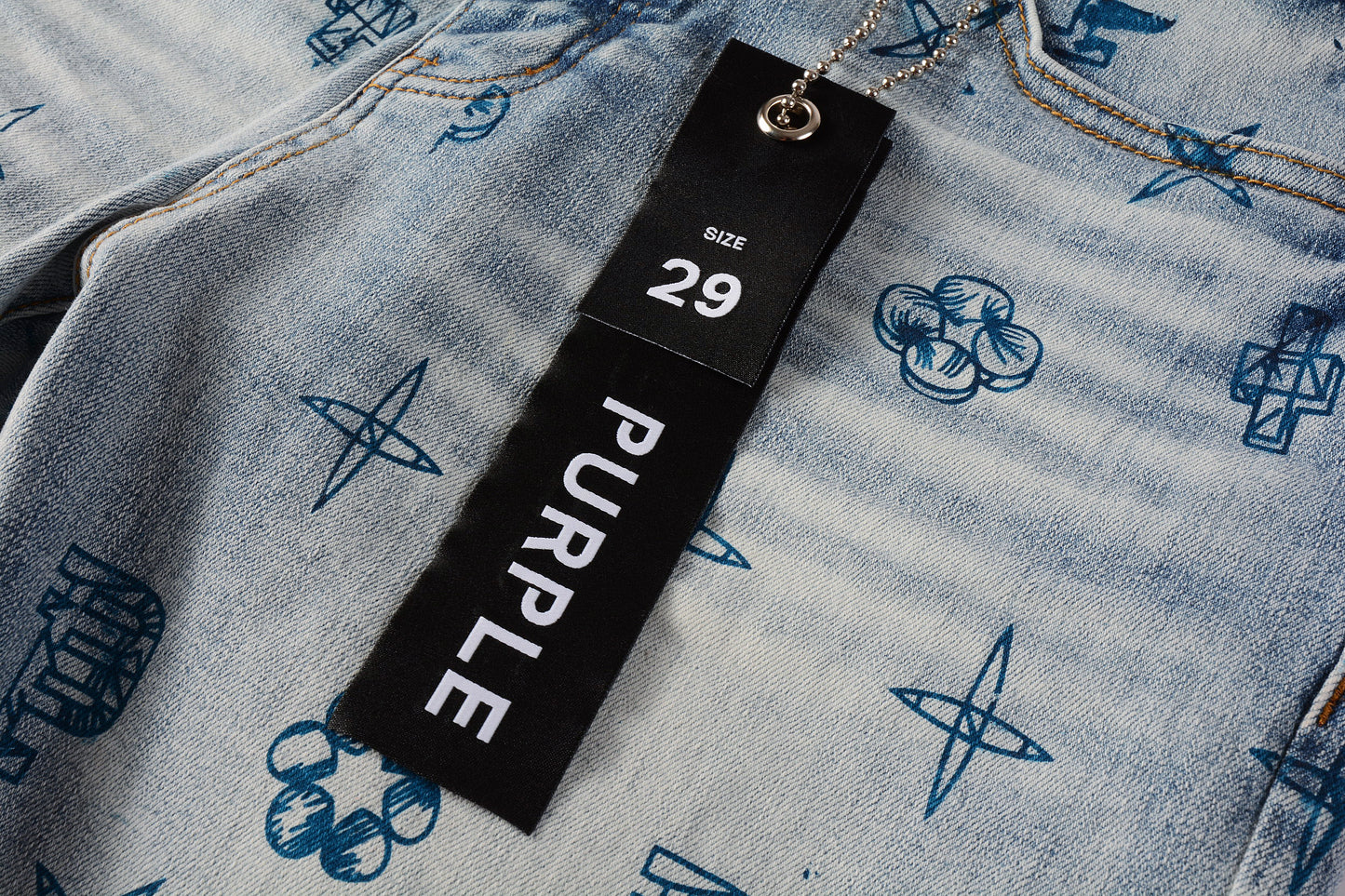PURPLE Men Streetwear Denim Shorts Light Blue Wash with Blue Graphic Print and Raw Hem 5063