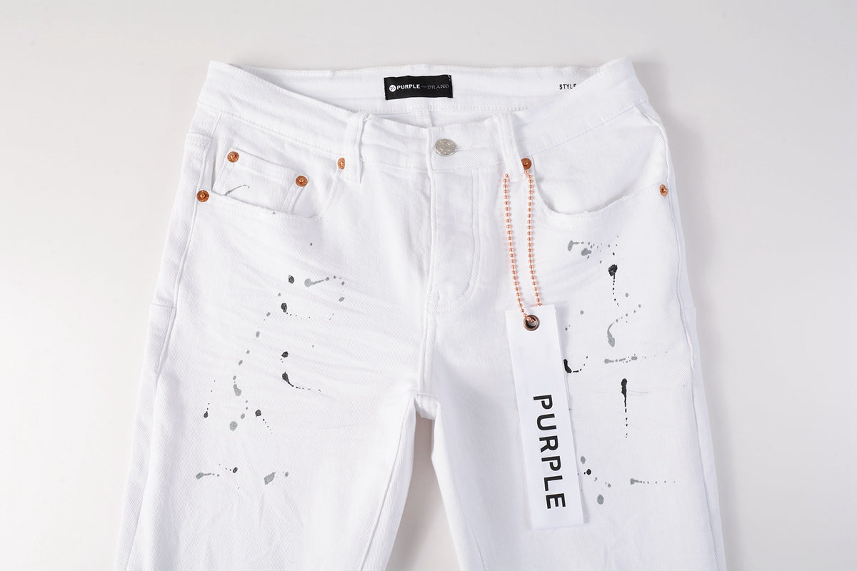 PURPLE Men Streetwear Skinny Jeans White Wash with Black Paint Splatter and Distressed Rip 9021