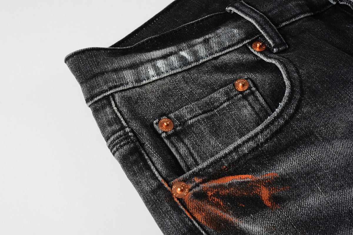PURPLE Men Streetwear Skinny Jeans Dark Gray Wash with Distressed Rips and Multi-Color Paint Splatter 9018