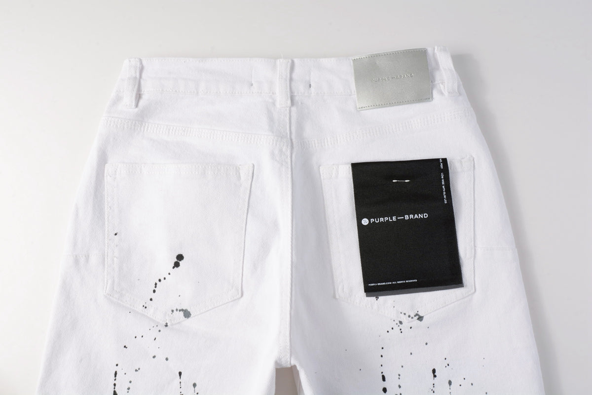 PURPLE Men Streetwear Denim Shorts White Wash with Black Paint Splatter Print and Raw Hem 5021