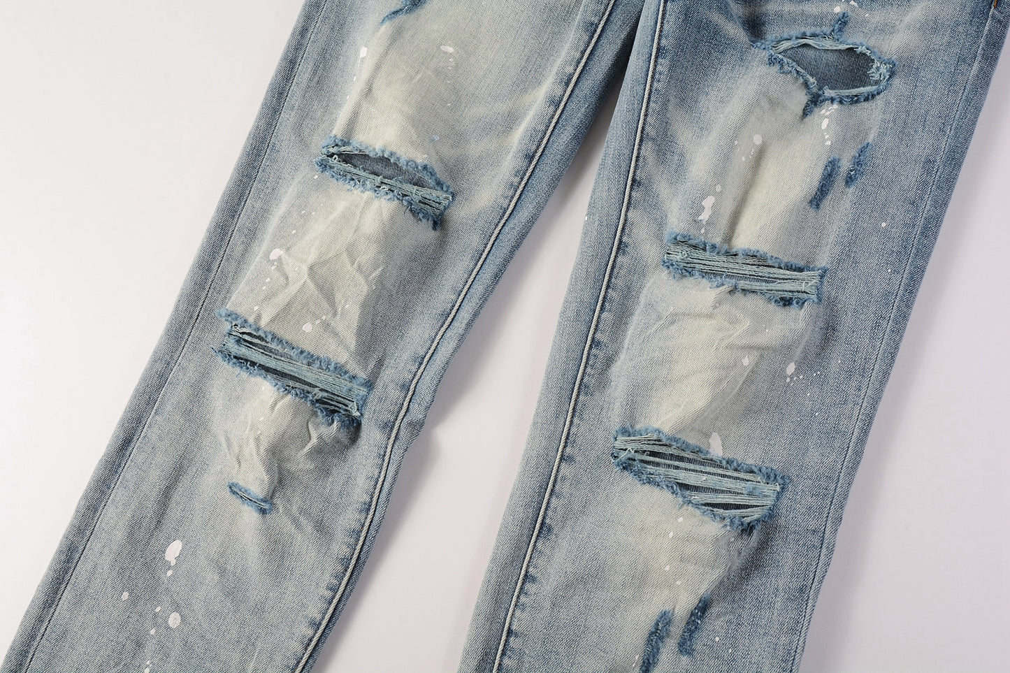 PURPLE Men Streetwear Skinny Jeans Light Blue Wash with Heavy Distressed Rips and White Paint Splatter 9003