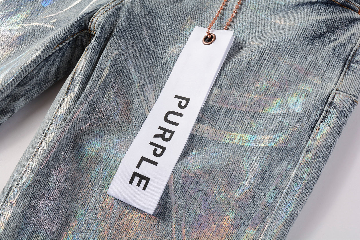 PURPLE Men Streetwear Skinny Jeans Light Blue Wash with Holographic Iridescent Finish 9005