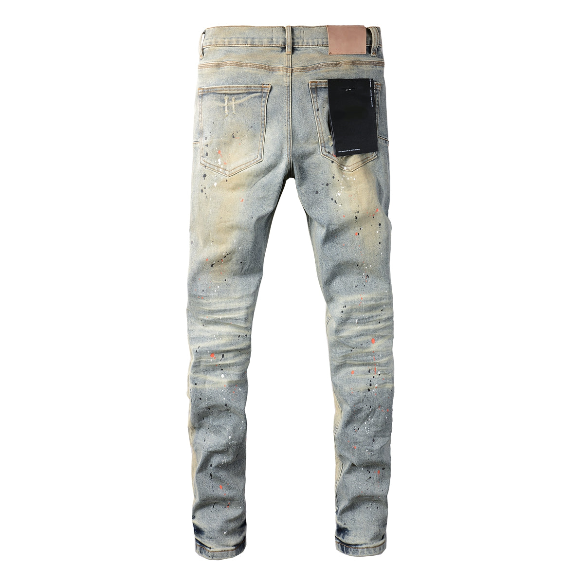 PURPLE Men Streetwear Skinny Jeans Light Gray Wash with Multi-Color Paint Splatter and Distressed Patches 9071