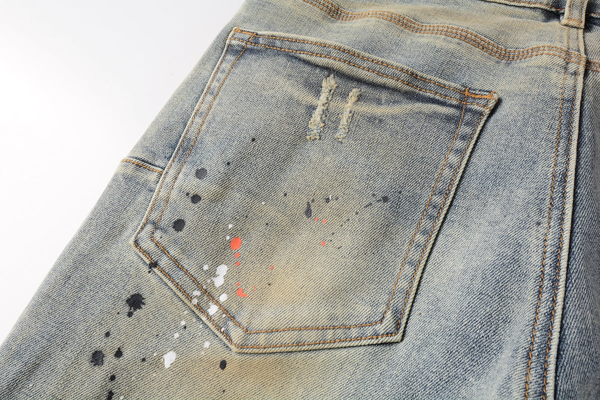 PURPLE Men Streetwear Skinny Jeans Light Gray Wash with Multi-Color Paint Splatter and Distressed Patches 9071