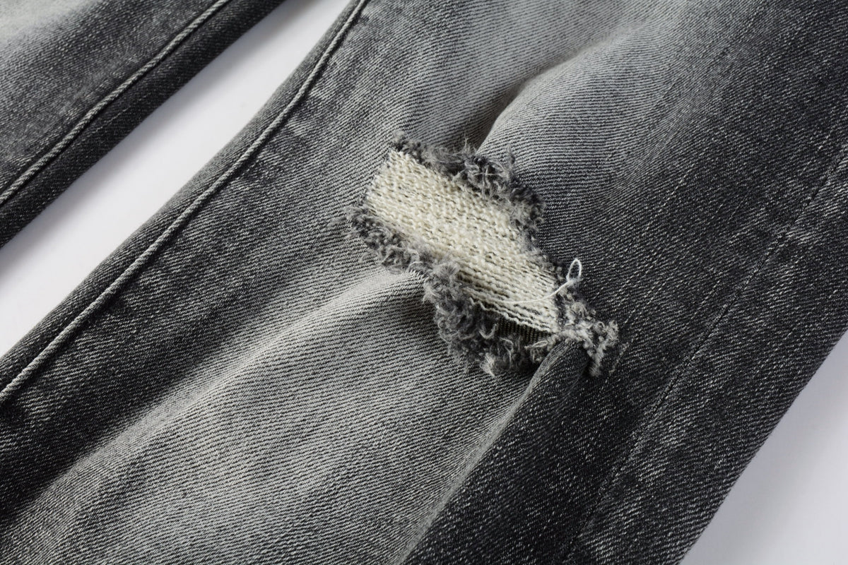 PURPLE Men Classic Streetwear Jeans Distressed Grey Ripped skinny Fit 9103