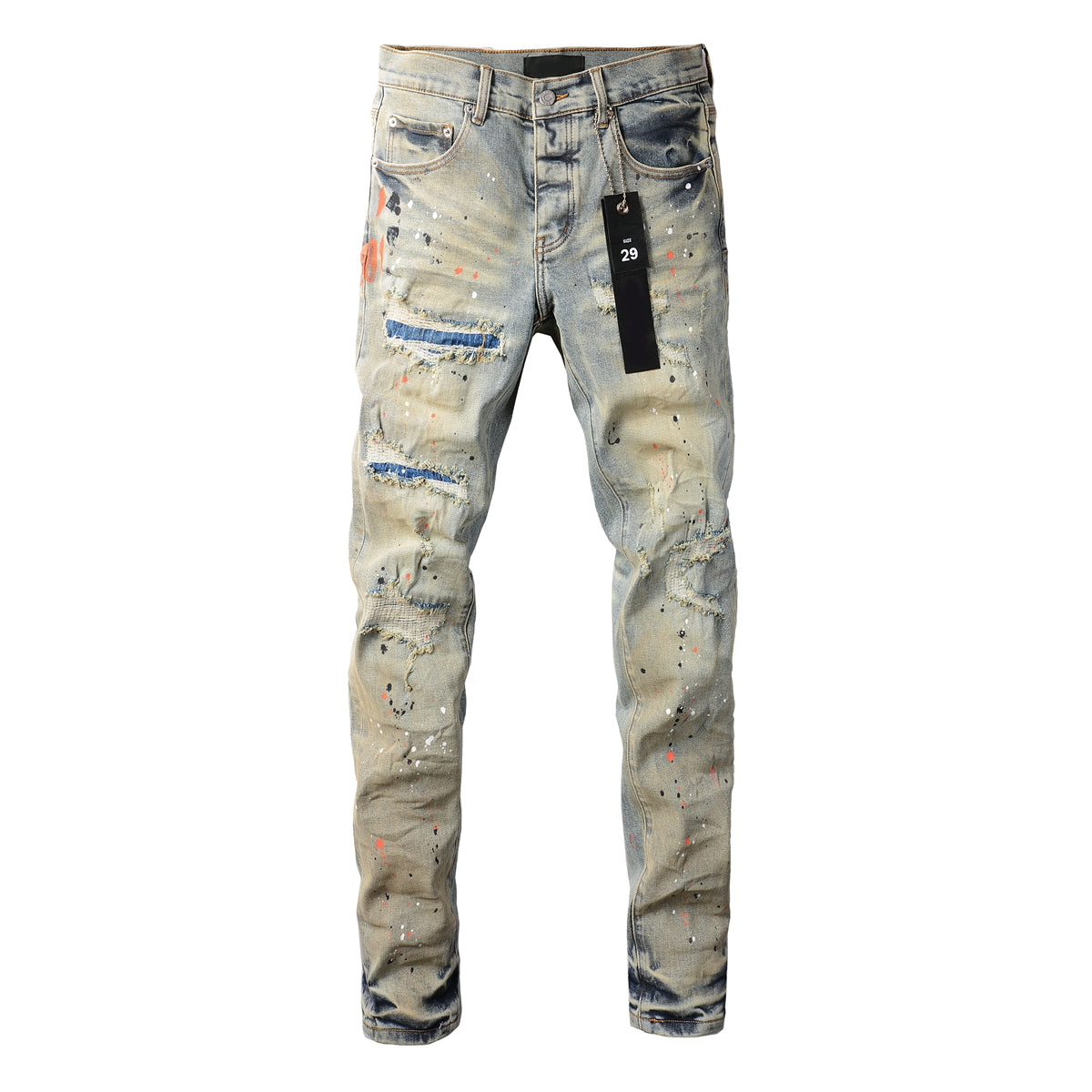 PURPLE Men Streetwear Skinny Jeans Light Gray Wash with Multi-Color Paint Splatter and Distressed Patches 9071