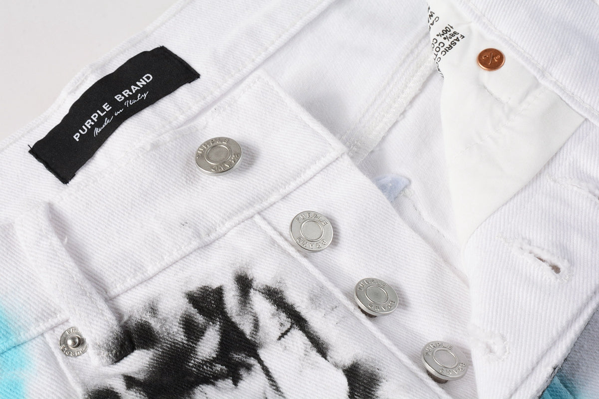 PURPLE Men Streetwear Denim Shorts White Wash with Blue - Black Ink Floral Print and Raw Hem 5065