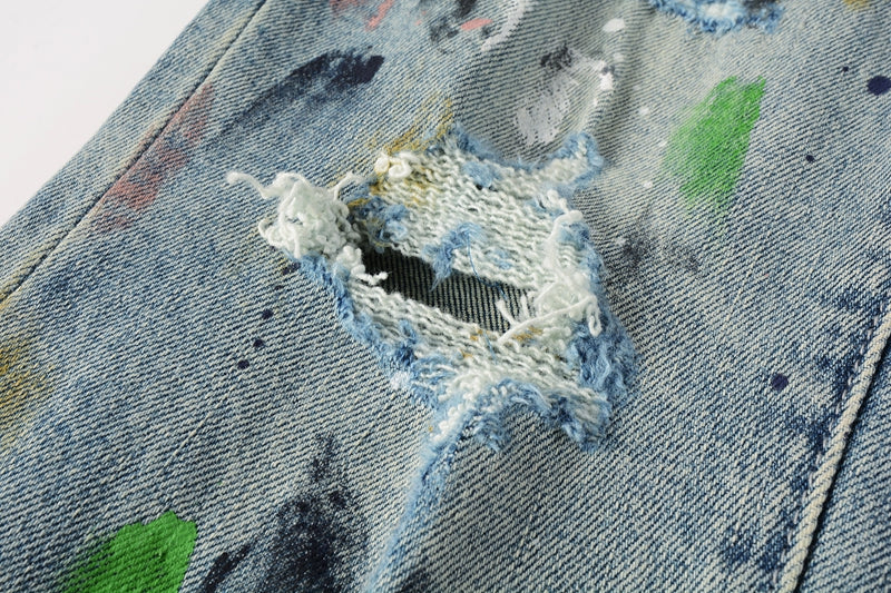 PURPLE Men Streetwear Skinny Jeans Light Blue Wash with Multi-Color Paint Splatter and Distressed Rips 9072
