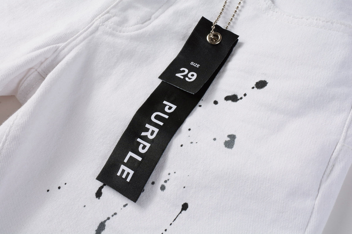PURPLE Men Streetwear Denim Shorts White Wash with Black Paint Splatter Print and Raw Hem 5021
