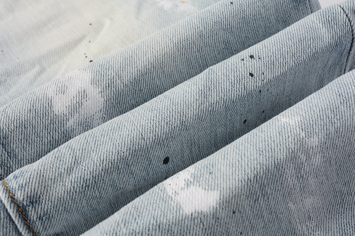 PURPLE Men Streetwear Skinny Jeans Light Blue Wash with White Paint Splatter and Subtle Distress 9006