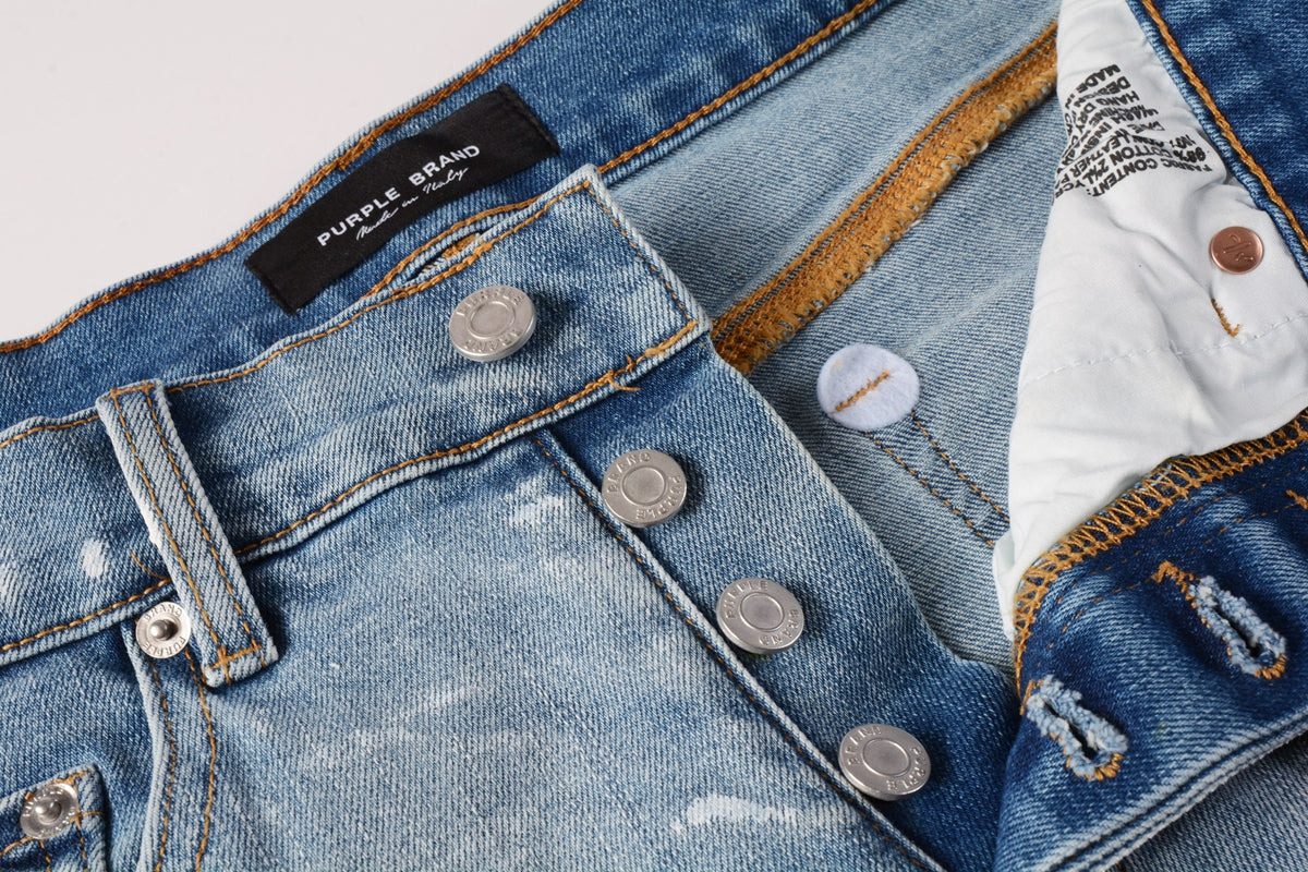 PURPLE Men Streetwear Light Blue Denim Shorts with Vintage Wash and Raw Hem Finish 5091