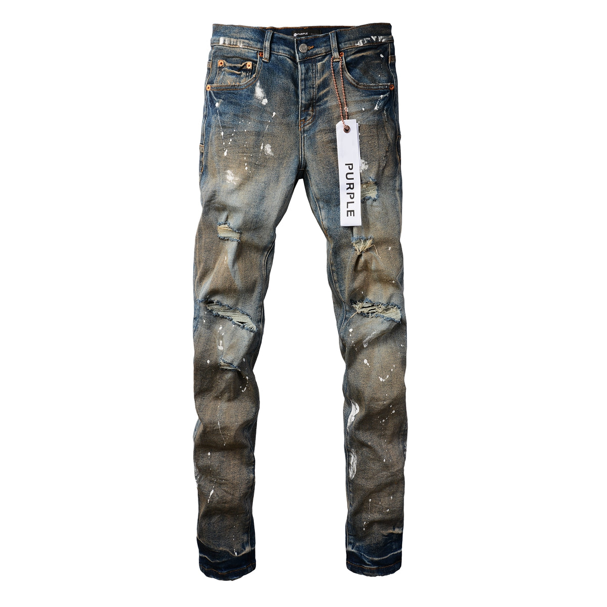 PURPLE Men Streetwear Skinny Jeans Light Blue Wash with Distressed Rips and White Paint Splatter 9012
