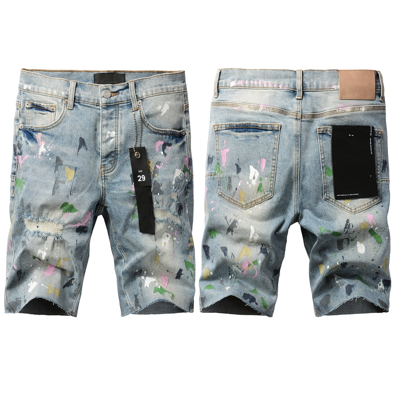 PURPLE Men Streetwear Denim Shorts Light Blue Wash with Colorful Paint Splashes and Distressed Raw Hem 5066