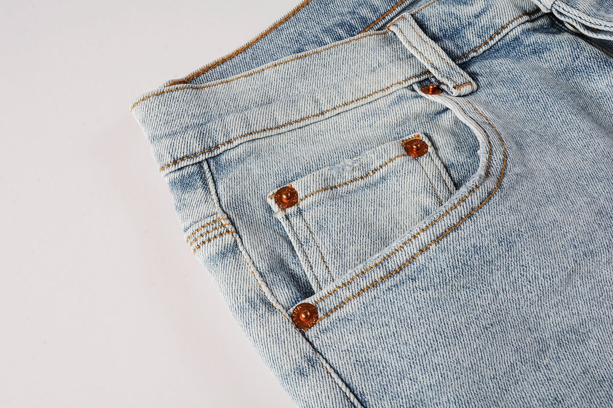 PURPLE Men Streetwear Skinny Jeans Light Blue Wash with Knee Ripped Details and Black Lining 9010