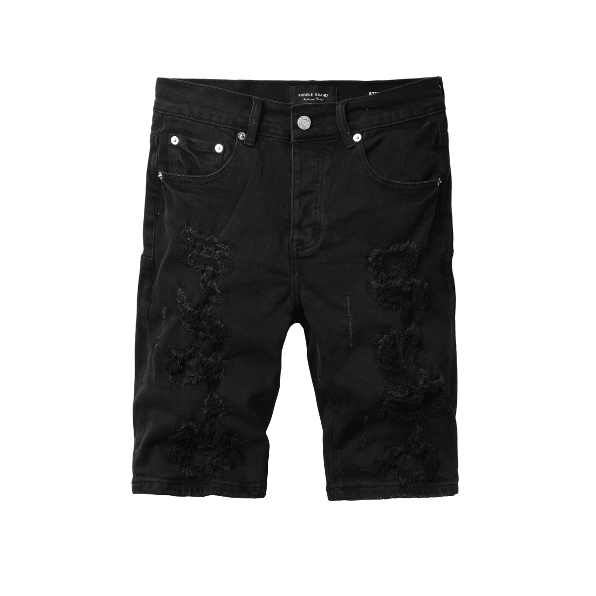 PURPLE Men Streetwear Black Denim Shorts with Distressed Ripped Details and Raw Hem 5108
