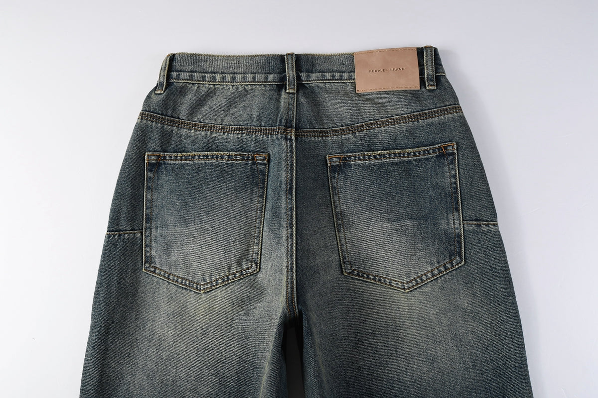 PURPLE Men Vintage Streetwear Straight Jeans Blue Washed with Whisker Fade and Contrast Panels PU9120