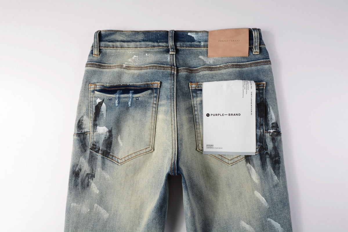 PURPLE Men Classic Streetwear Jeans DistressedBlue Paint Slash Skinny 9037