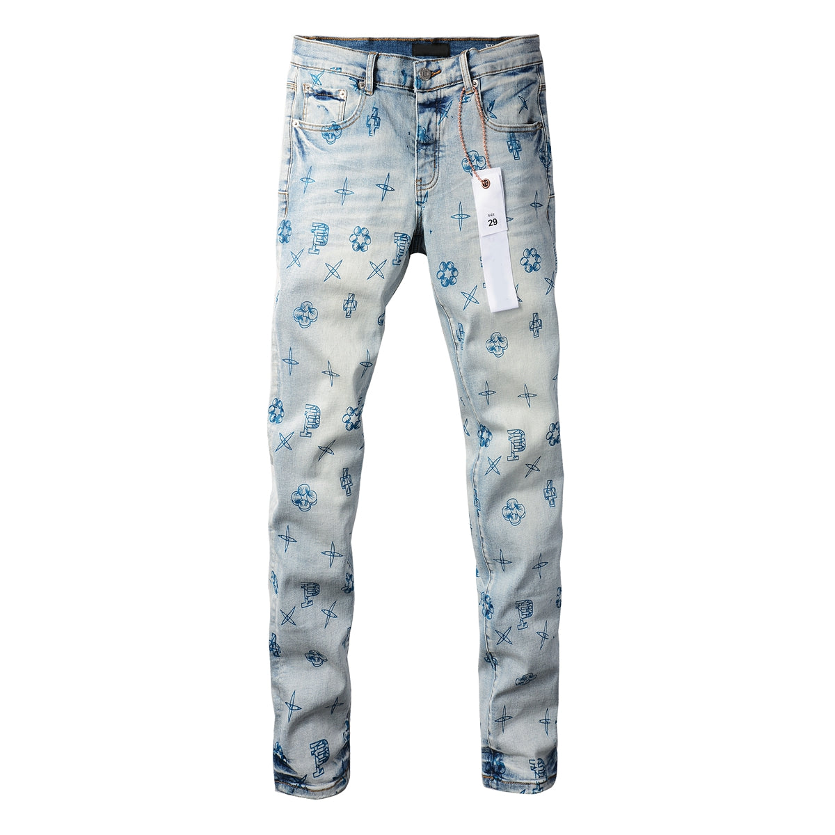 PURPLE Men Streetwear Skinny Jeans Light Blue Wash with White Paint Brush Strokes 9063