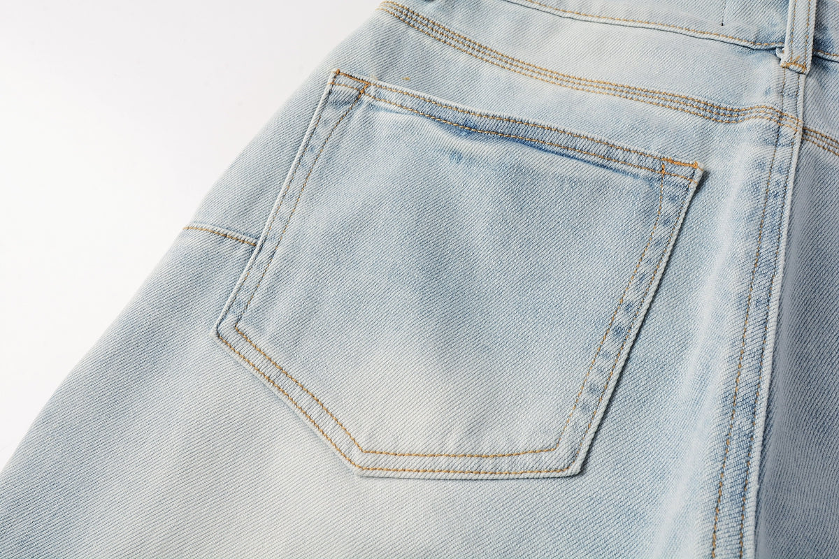 PURPLE Men Streetwear Denim Shorts Light Blue Wash with Side Zipper and Distressed Raw Hem 5086