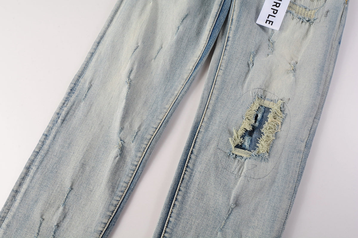 PURPLE Men Streetwear Skinny Jeans Light Blue Wash with Heavy Distressed Rips 9050