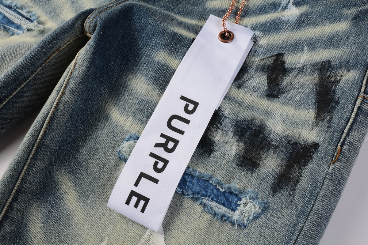 PURPLE Men Classic Streetwear Jeans DistressedBlue Paint Slash Skinny 9037