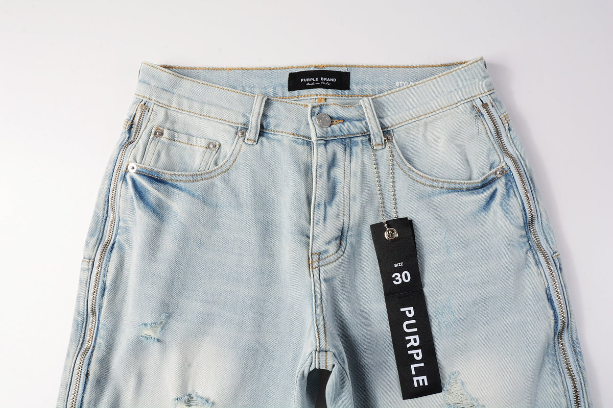 PURPLE Men Streetwear Denim Shorts Light Blue Wash with Side Zipper and Distressed Raw Hem 5086