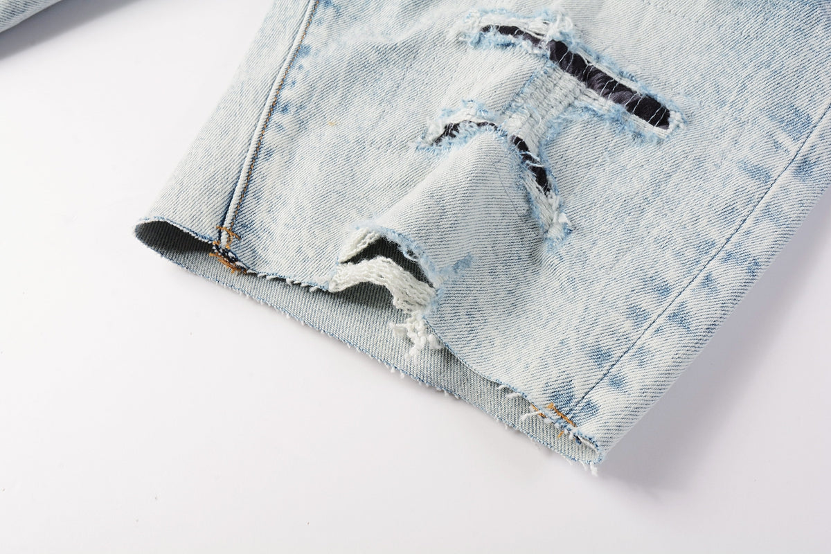 PURPLE Men Streetwear Denim Shorts Light Blue Wash with Leopard Print Patched Rips 5087