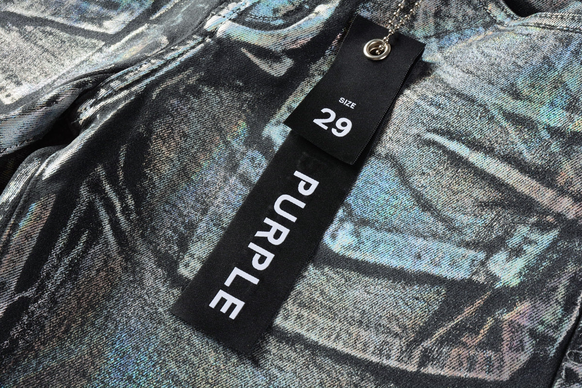 PURPLE Men Streetwear Denim Shorts Black Wash with Holographic Reflective Finish and Raw Hem 5028
