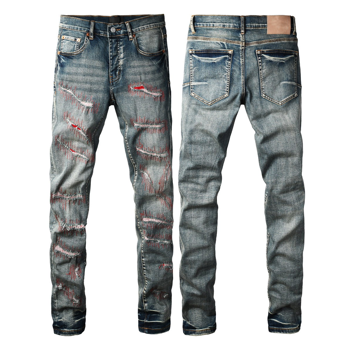PURPLE Men Streetwear Skinny Jeans Light Blue Wash with Red - Patched Distressed Details 9114