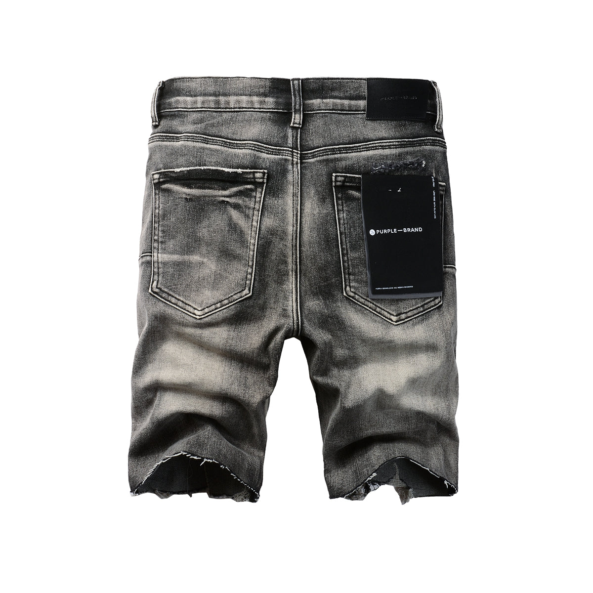 PURPLE Men Streetwear Denim Shorts Grey Black Wash with Leopard Print Ripped Details and Raw Hem 5068