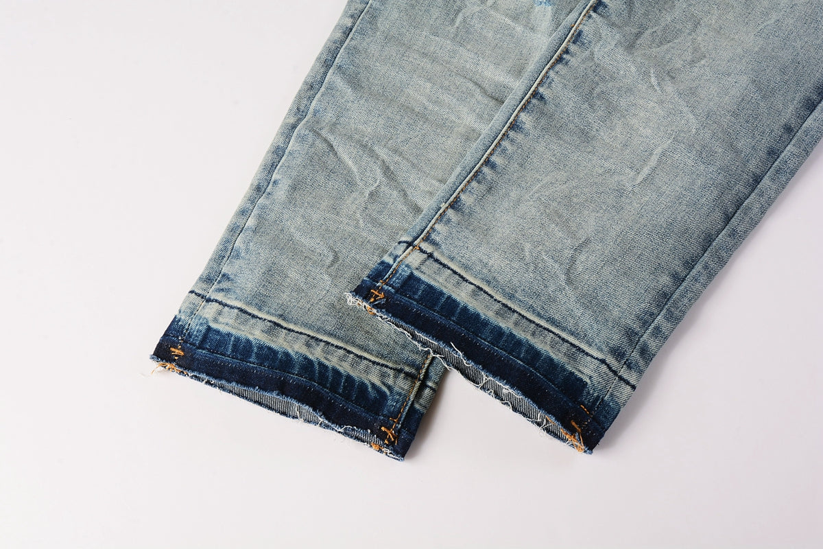 PURPLE Men Streetwear Skinny Jeans Light Blue Wash with Subtle White Pattern Wash 9013