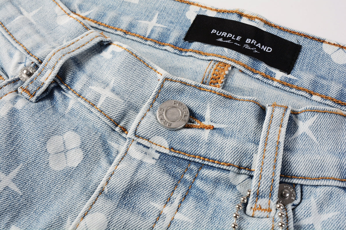 PURPLE Men Streetwear Skinny Jeans Light Blue Wash with All - Over Pattern Print 9089
