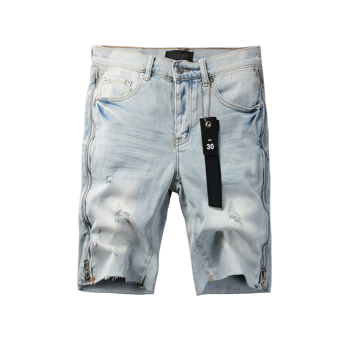 PURPLE Men Streetwear Denim Shorts Light Blue Wash with Side Zipper and Distressed Raw Hem 5086