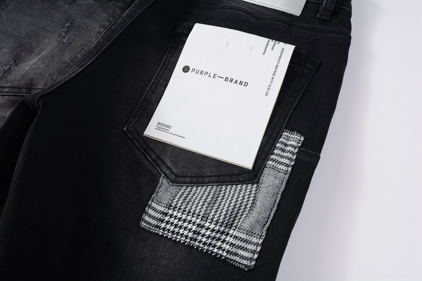 PURPLE Men Streetwear Skinny Jeans Black Wash with Distressed Rips, Checkered Patches and White Paint Splatter 9001
