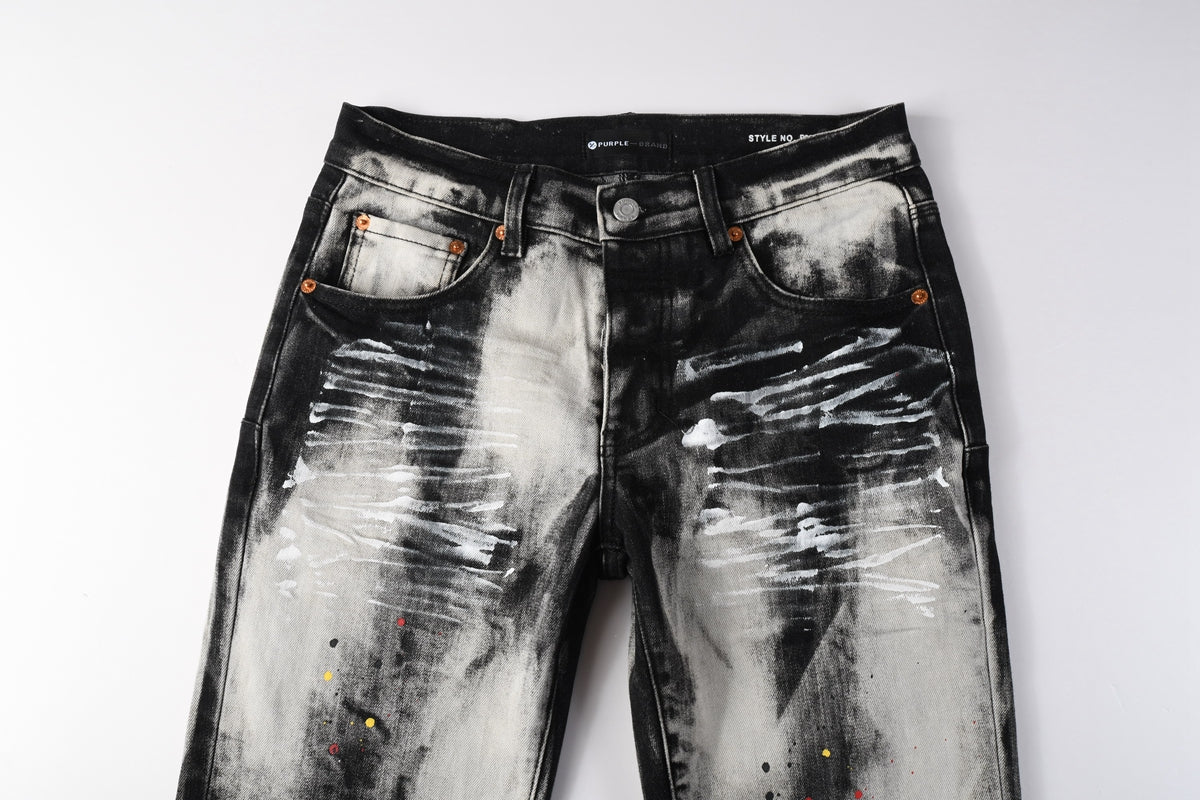 PURPLE Men Streetwear Skinny Jeans Black and White Graffiti Wash with Multi Color Paint Splash 9111