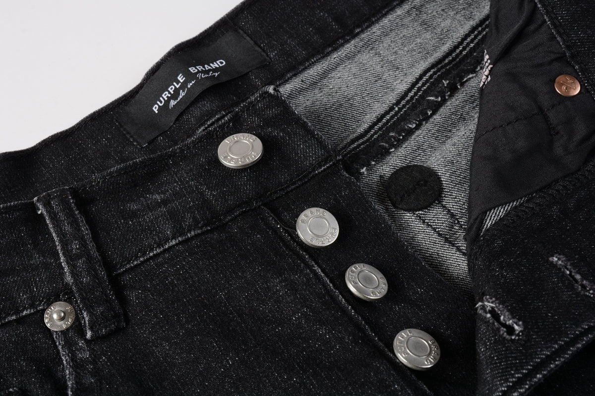 PURPLE Men Streetwear Denim Shorts Black Wash with Distressed Rips and Raw Hem 5083