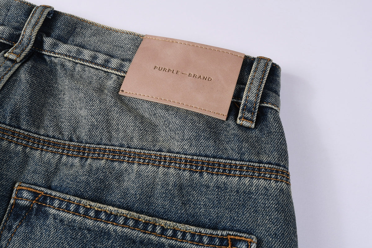 PURPLE Men Vintage Streetwear Straight Jeans Blue Washed with Whisker Fade and Contrast Panels PU9120