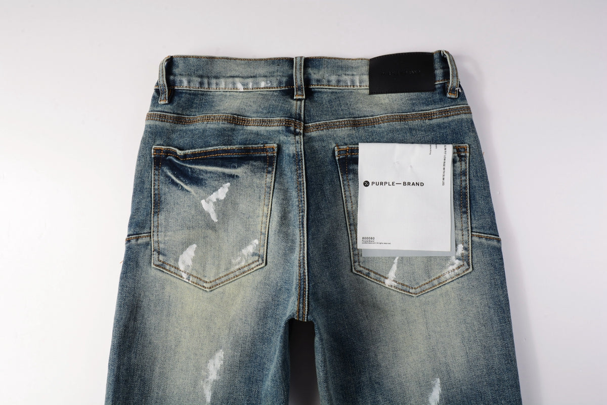 PURPLE Men Streetwear Skinny Jeans Light Blue Wash with White Paint Brush Strokes 9060