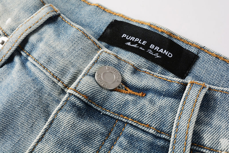 PURPLE Men Streetwear Denim Shorts Light Blue Wash with Colorful Paint Splashes and Distressed Raw Hem 5066