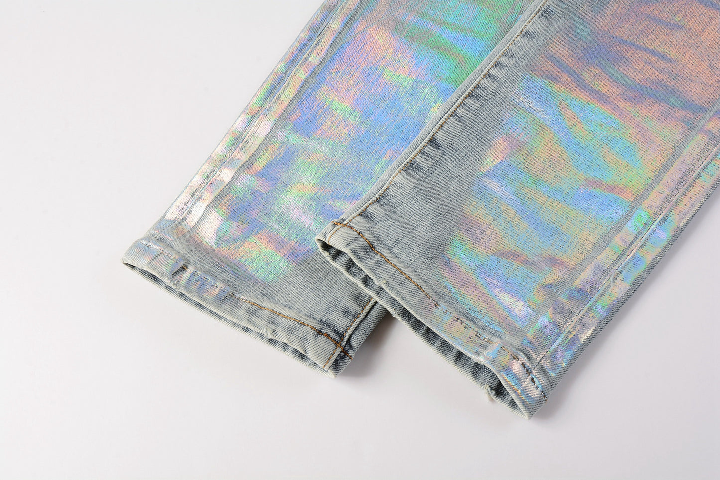 PURPLE Men Streetwear Skinny Jeans Light Blue Wash with Holographic Iridescent Finish 9005